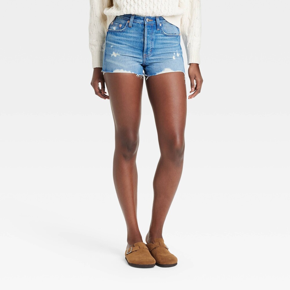 High-Rise Cut-Off Mini Jean Shorts - Medium Wash